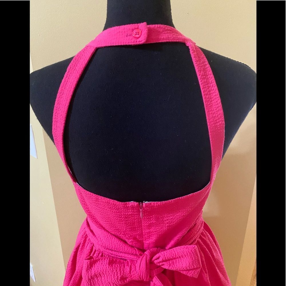 Lauren James raspberry coloured halter flared dress. Sash with bow tie. - Picture 7 of 14